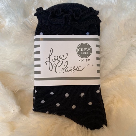 🌀FUN🔆SOCKS✳️Classic Crew Ruffle Trim Black & White Polka Dot 🌀 - Picture 2 of 11